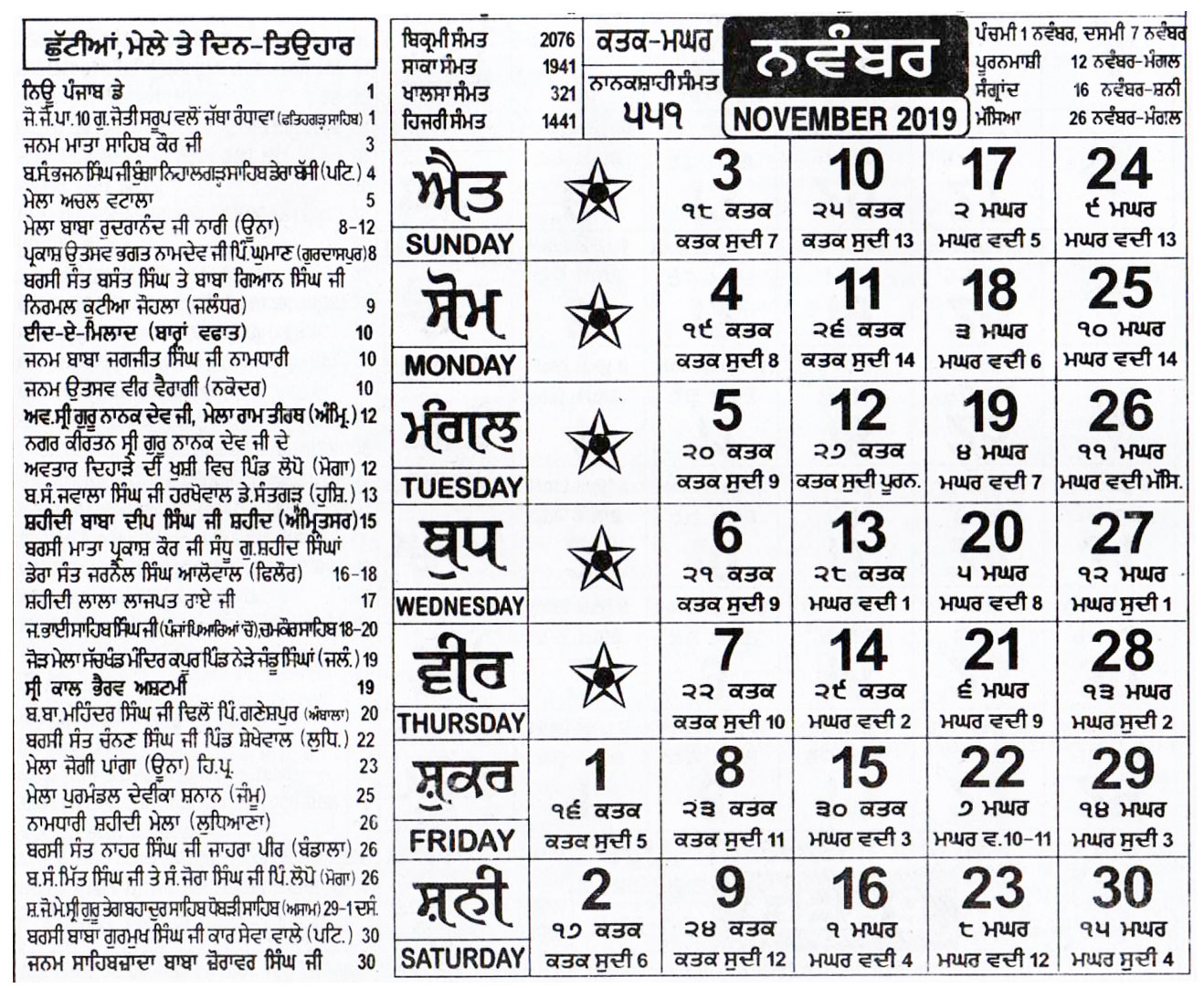 Nanakshahi Calendar November 2019